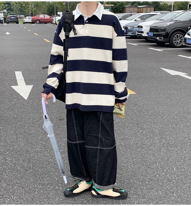 Autumn Long Sleeves Harajuku Korea Fashion Striped Loose Polo Shirts Streetwear Hip Hop Rock Punk Men'S Top Tees Clothes