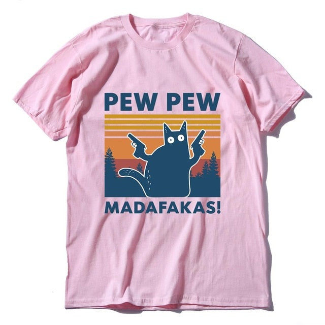 Pew Pew Madafakas 100% Cotton Shirt Novelty Funny Cat Vintage Crew Neck Men's T-Shirt Humor Top Tee