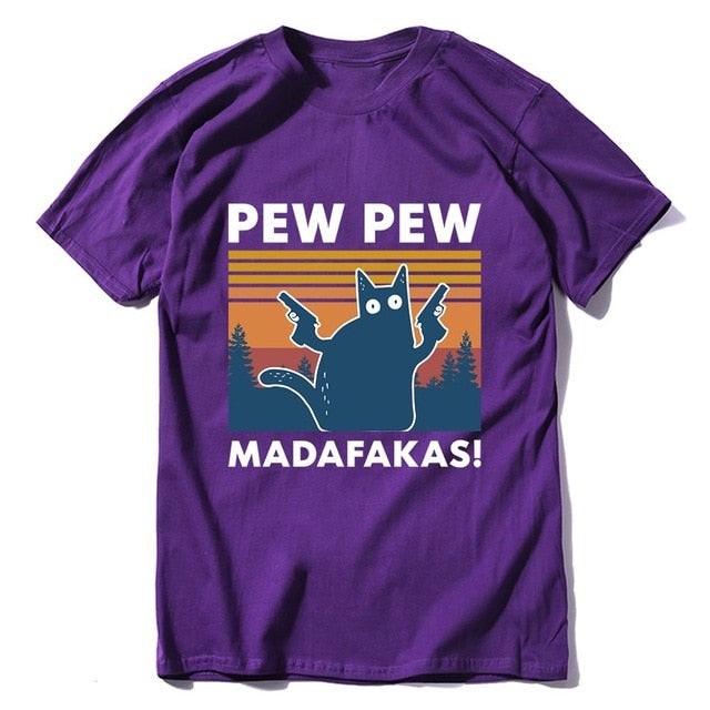 Pew Pew Madafakas 100% Cotton Shirt Novelty Funny Cat Vintage Crew Neck Men's T-Shirt Humor Top Tee