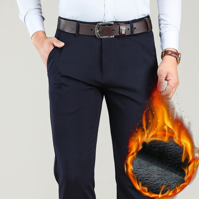 Winter Men Warm Casual Pants Business Fashion Classic Style Thicken Stretch Trousers Male Brand Gray Khaki