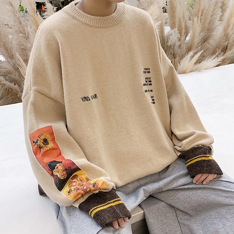 2021 Autumn Cotton Hip Hop Men Sweater Pullover Painting Embroidery Knitted Sweater Vintage Mens