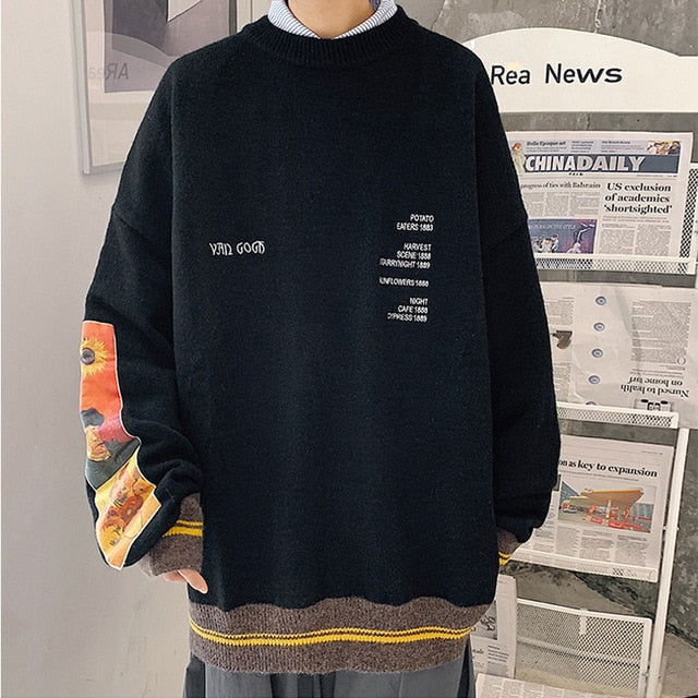 2021 Autumn Cotton Hip Hop Men Sweater Pullover Painting Embroidery Knitted Sweater Vintage Mens