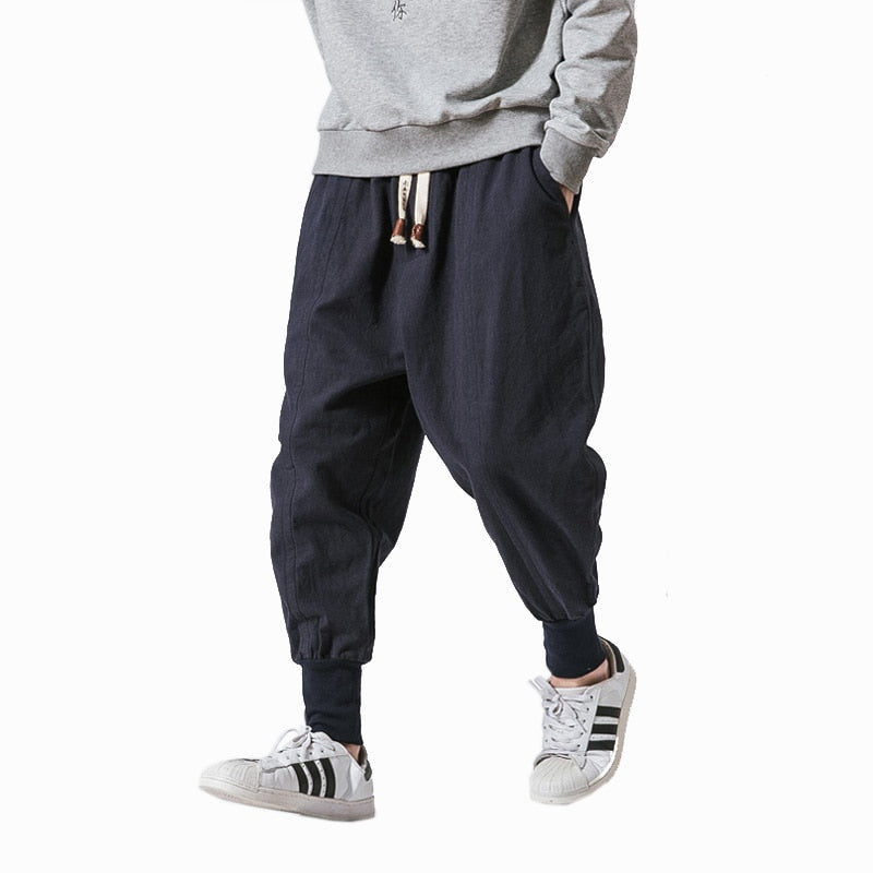 Streetwear Men Harem Pants Korean Style Casual Cotton Linen Trouser Man Jogger Pants 2021 New Baggy Pants Men