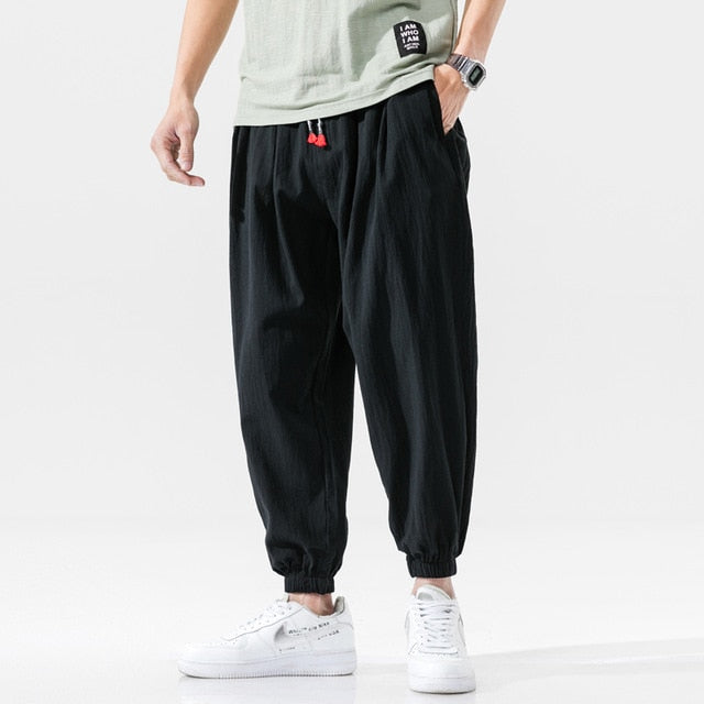 Streetwear Men Harem Pants Korean Style Casual Cotton Linen Trouser Man Jogger Pants 2021 New Baggy Pants Men
