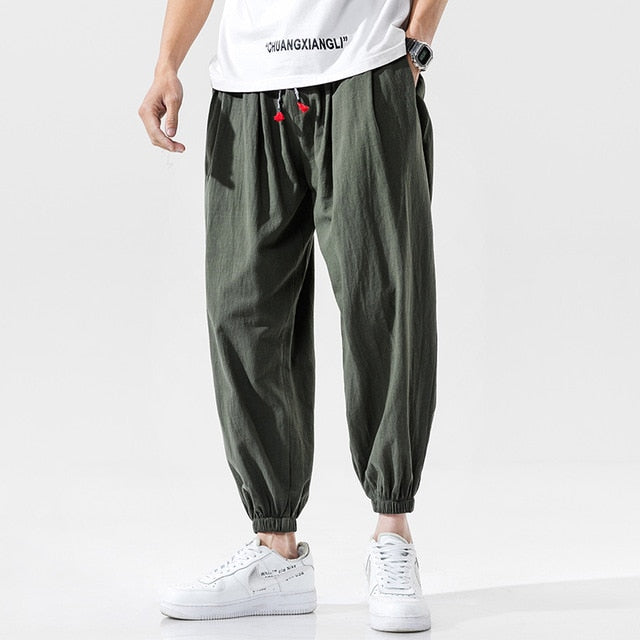 Streetwear Men Harem Pants Korean Style Casual Cotton Linen Trouser Man Jogger Pants 2021 New Baggy Pants Men