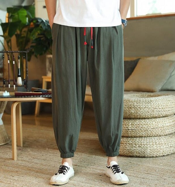 Streetwear Men Harem Pants Korean Style Casual Cotton Linen Trouser Man Jogger Pants 2021 New Baggy Pants Men
