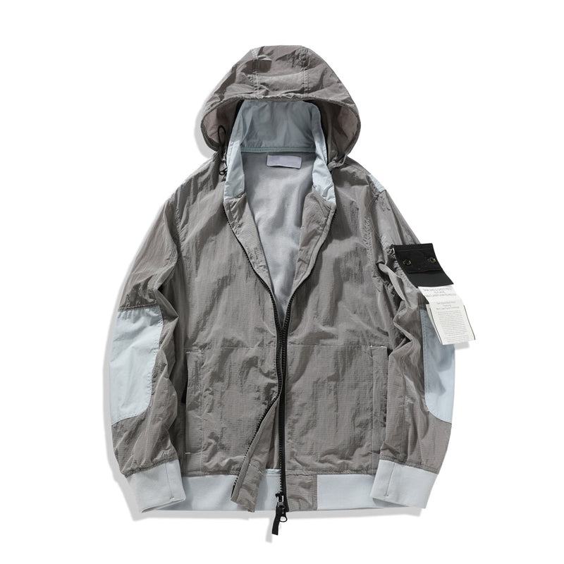 Spring Summer Thin Metal Nylon Hood Men's Jacket Hidden Cap Special Reflective Fabric Mosaic Coat