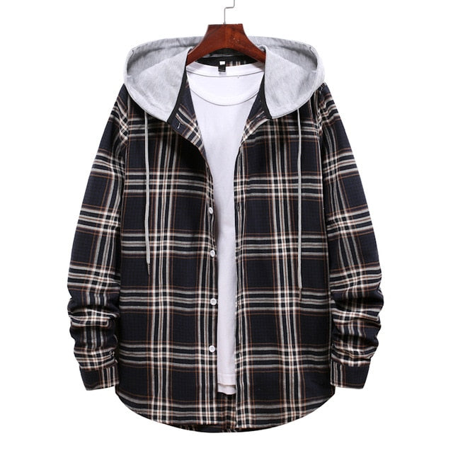 Streetwear Hooded Oversize Shirts Men Casual Plaid Printed Long Sleeve Shirt Fashion Hip Hop Workwear Chemise Homme
