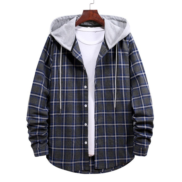 Streetwear Hooded Oversize Shirts Men Casual Plaid Printed Long Sleeve Shirt Fashion Hip Hop Workwear Chemise Homme