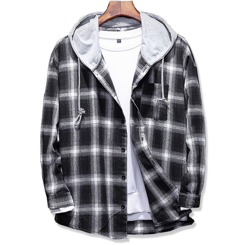 Spring Autumn men's Slim Fit Men Long Sleeve Hooded Shirt Men plaid shirt Male Casual Men Shirt Large size 5XL