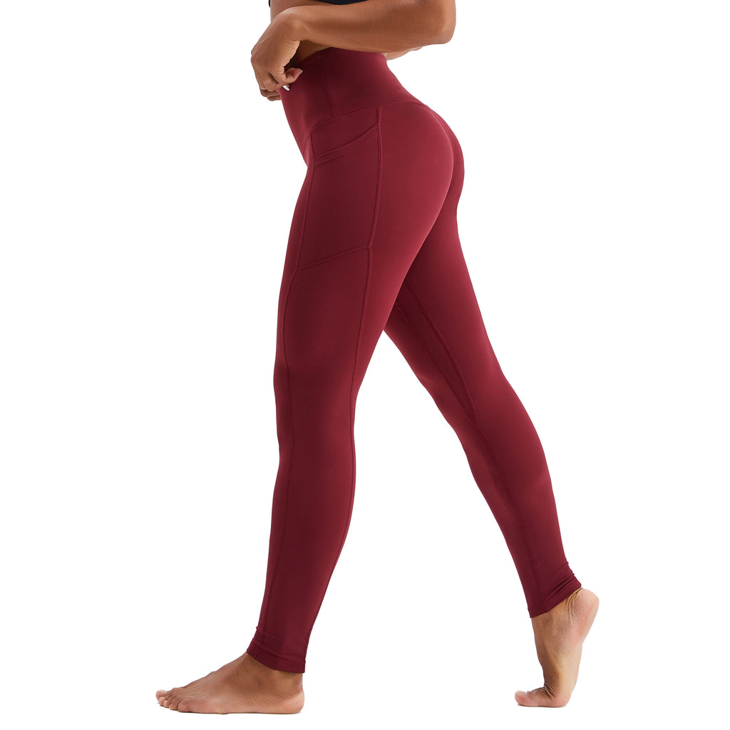 LifeSky Yoga Pants 2 Pocket High Waisted Tummy Control Burgundy