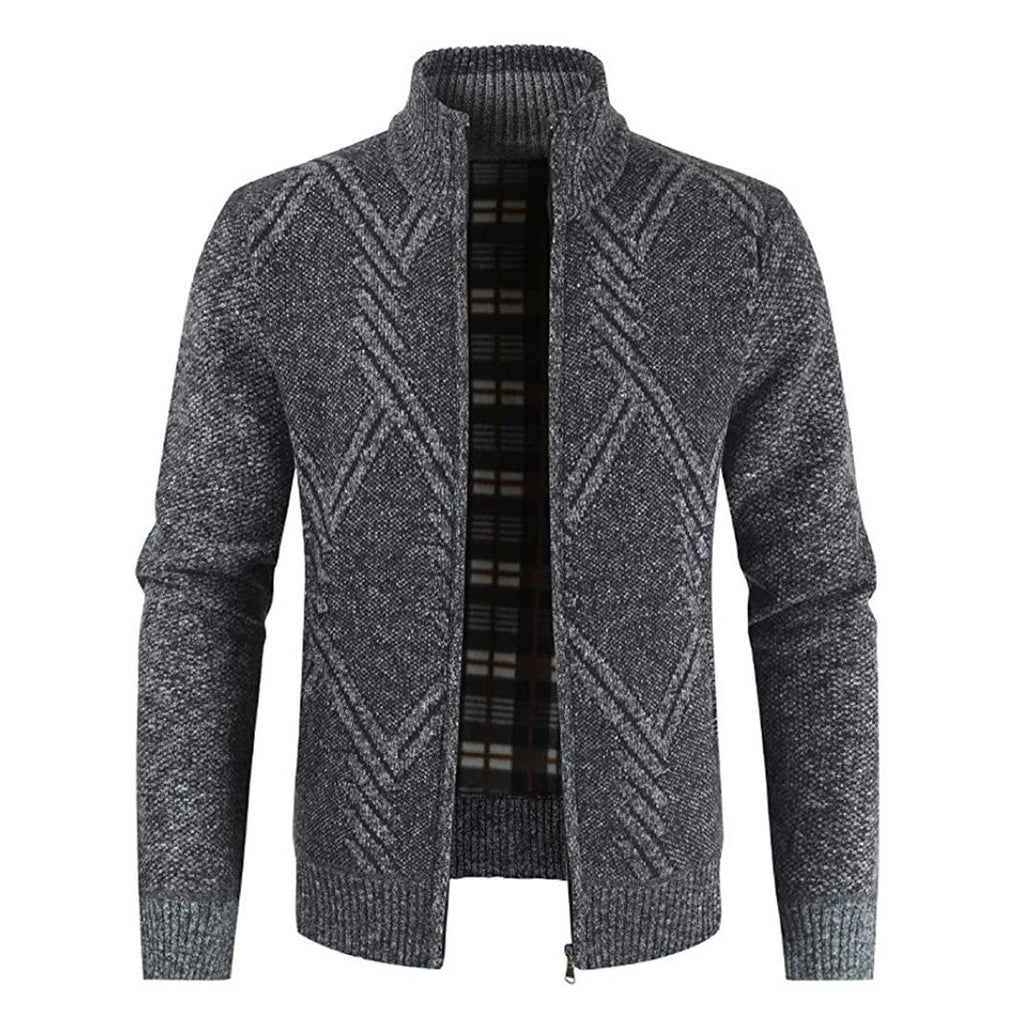 Mens Knitted Cardigan Thick Sweater Full Zip Stand Collar Warm Jumper Fleece Lined Winter Coat