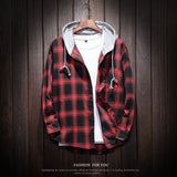 Spring Autumn men's Slim Fit Men Long Sleeve Hooded Shirt Men plaid shirt Male Casual Men Shirt Large size 5XL