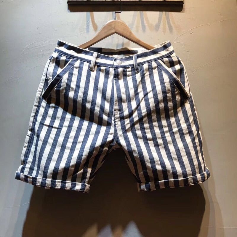 Men's Summer Fashion Brand Cotton Slim Fit Straight Japan Vintage Style Striped Blue Navy Style Casual Shorts Male