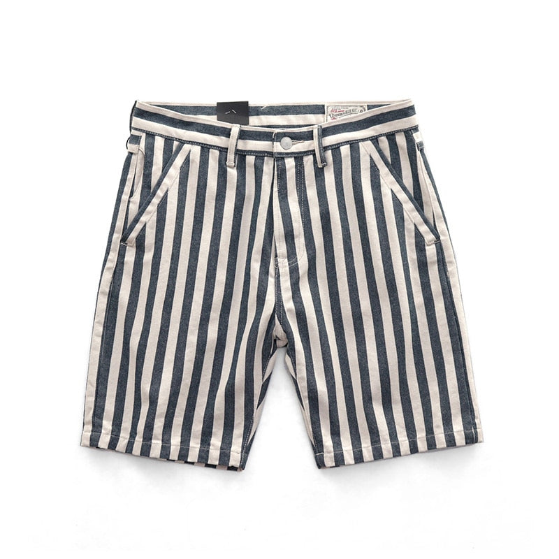 Men's Summer Fashion Brand Cotton Slim Fit Straight Japan Vintage Style Striped Blue Navy Style Casual Shorts Male