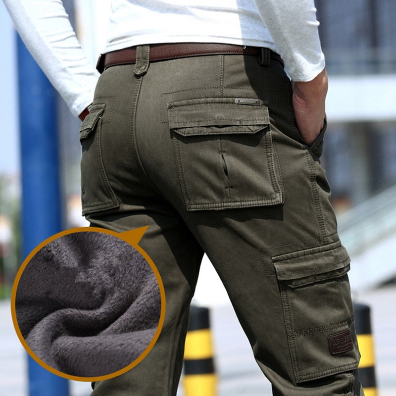 2021 Fleece Warm Winter Cargo Pants Men Casual Loose Multi-pocket Men's Clothes Military Army Green Khaki Pants Man Trousers