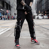 Men Hip Hop Black Cargo Pants joggers Sweatpants Overalls Men Ribbons Streetwear Harem Pants