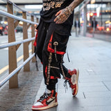 Men Hip Hop Black Cargo Pants joggers Sweatpants Overalls Men Ribbons Streetwear Harem Pants