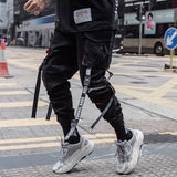 Men Hip Hop Black Cargo Pants joggers Sweatpants Overalls Men Ribbons Streetwear Harem Pants