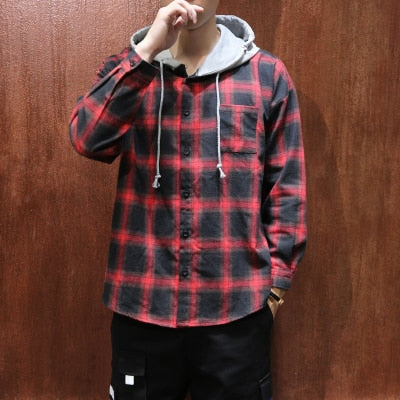 men shirt cotton 2021 autumn new High Quality Long sleeve Casual hooded fashion Loose shirt male Plaid shirt Large size 5XL