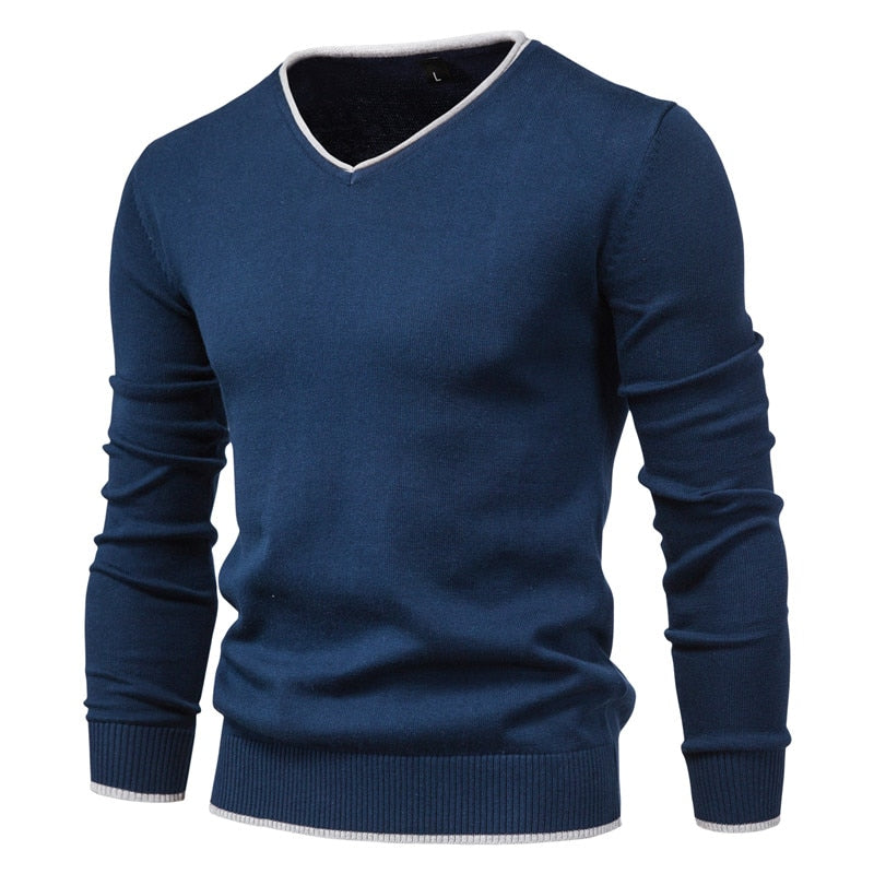 2021 New Cotton Pullover V-neck Men's Sweater Fashion Solid Color High Quality Winter Slim Sweaters Men Navy Knitwear