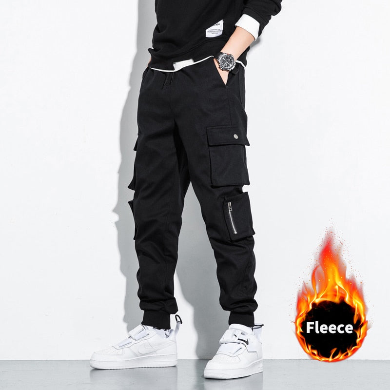 2021 New Fashion Winter Thick Fleece Warm Casual Pants Men Streetwear Multi-Pockets Cargo Jogger Pants