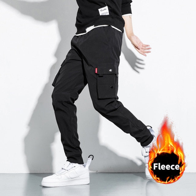 2021 New Fashion Winter Thick Fleece Warm Casual Pants Men Streetwear Multi-Pockets Cargo Jogger Pants