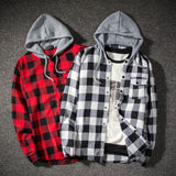 Men Shirts Mens Plaid Hat Shirt Autumn Casual Plaid Shirts Long Sleeve Pullover Shirt Top Hooded Blouse Camisa Men's Shirts #40