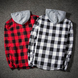 Men Shirts Mens Plaid Hat Shirt Autumn Casual Plaid Shirts Long Sleeve Pullover Shirt Top Hooded Blouse Camisa Men's Shirts #40