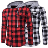 Men Shirts Mens Plaid Hat Shirt Autumn Casual Plaid Shirts Long Sleeve Pullover Shirt Top Hooded Blouse Camisa Men's Shirts #40