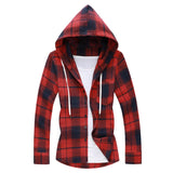 Men Gray Red Plaid Brushed cotton hip hop Long Sleeve Plaid Hooded Shirt male Streetwear Casual Hoodie Shirts camisa masculina