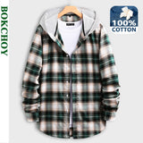 Rare Men Green Plaid Shirt With Hood 2021 Spring New Casual Long Sleeve Button Up  Cotton Sweater 286