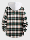 Rare Men Green Plaid Shirt With Hood 2021 Spring New Casual Long Sleeve Button Up  Cotton Sweater 286