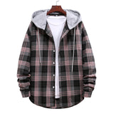 Streetwear Hooded Oversize Shirts Men Casual Plaid Printed Long Sleeve Shirt Fashion Hip Hop Workwear Chemise Homme