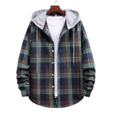 Streetwear Hooded Oversize Shirts Men Casual Plaid Printed Long Sleeve Shirt Fashion Hip Hop Workwear Chemise Homme