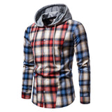 2021 New Men's Fashion Striped Plaid Hooded Shirts Splicing Button Up Mens Work Leisure Long Sleeve Slim Fit Cotton Shirt